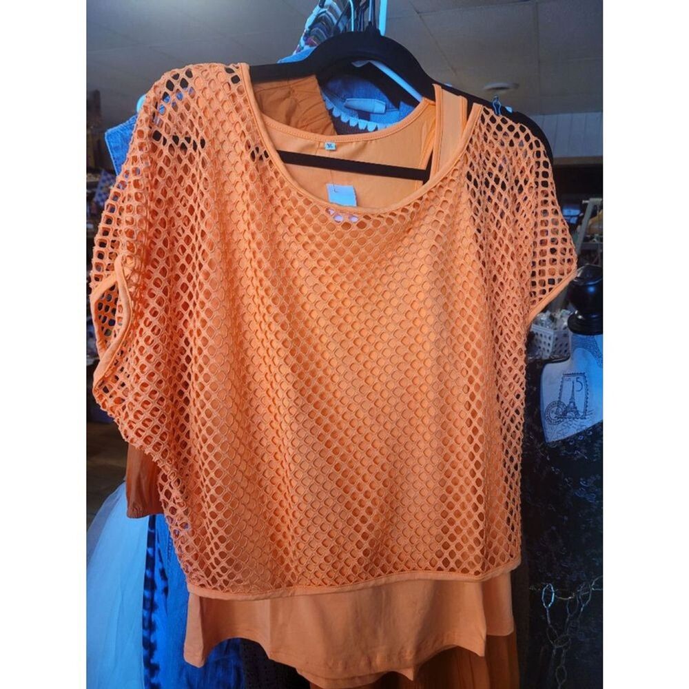 Women's Unbranded Orange Mesh Overlay Short Sleeve Tee XL